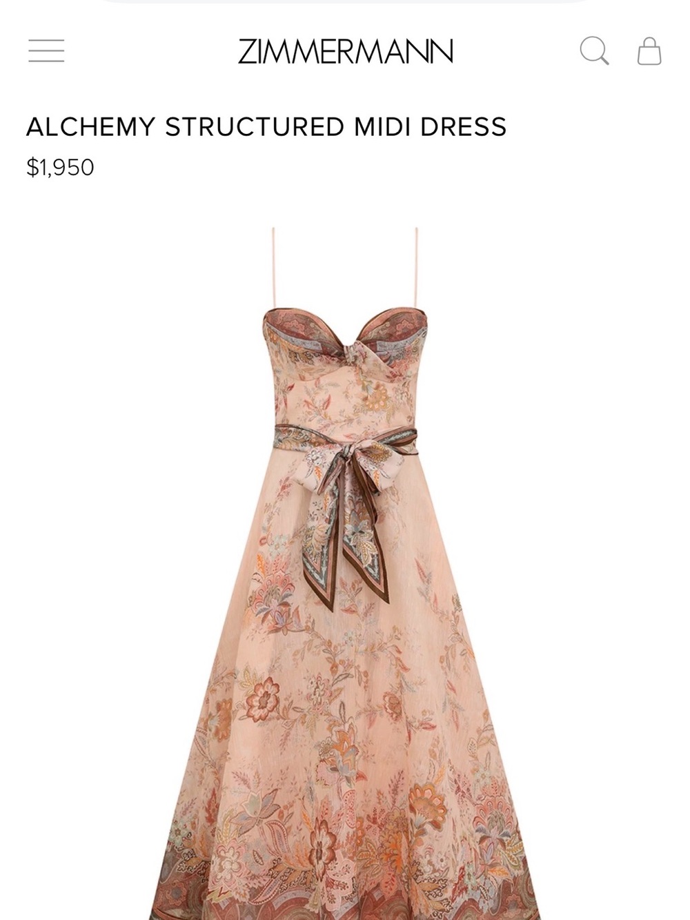 Zimmerman size 2 Floral Bow-Front Peach Midi Dress - Picture 3 of 3